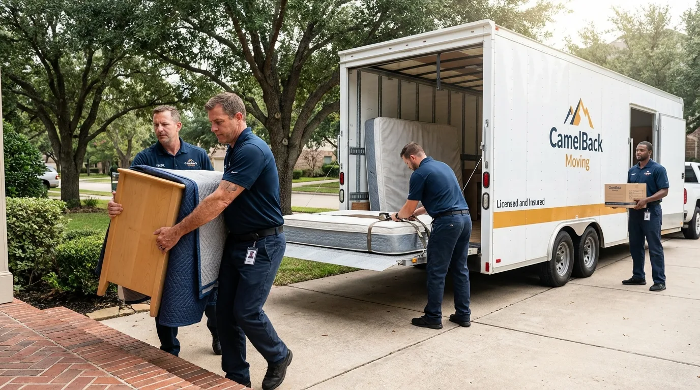 Crew loading residential truck for cross-state move from Newberg, OR