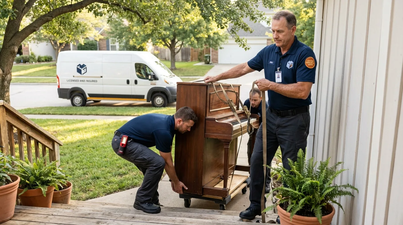 Licensed piano movers securing grand piano in Newberg, OR