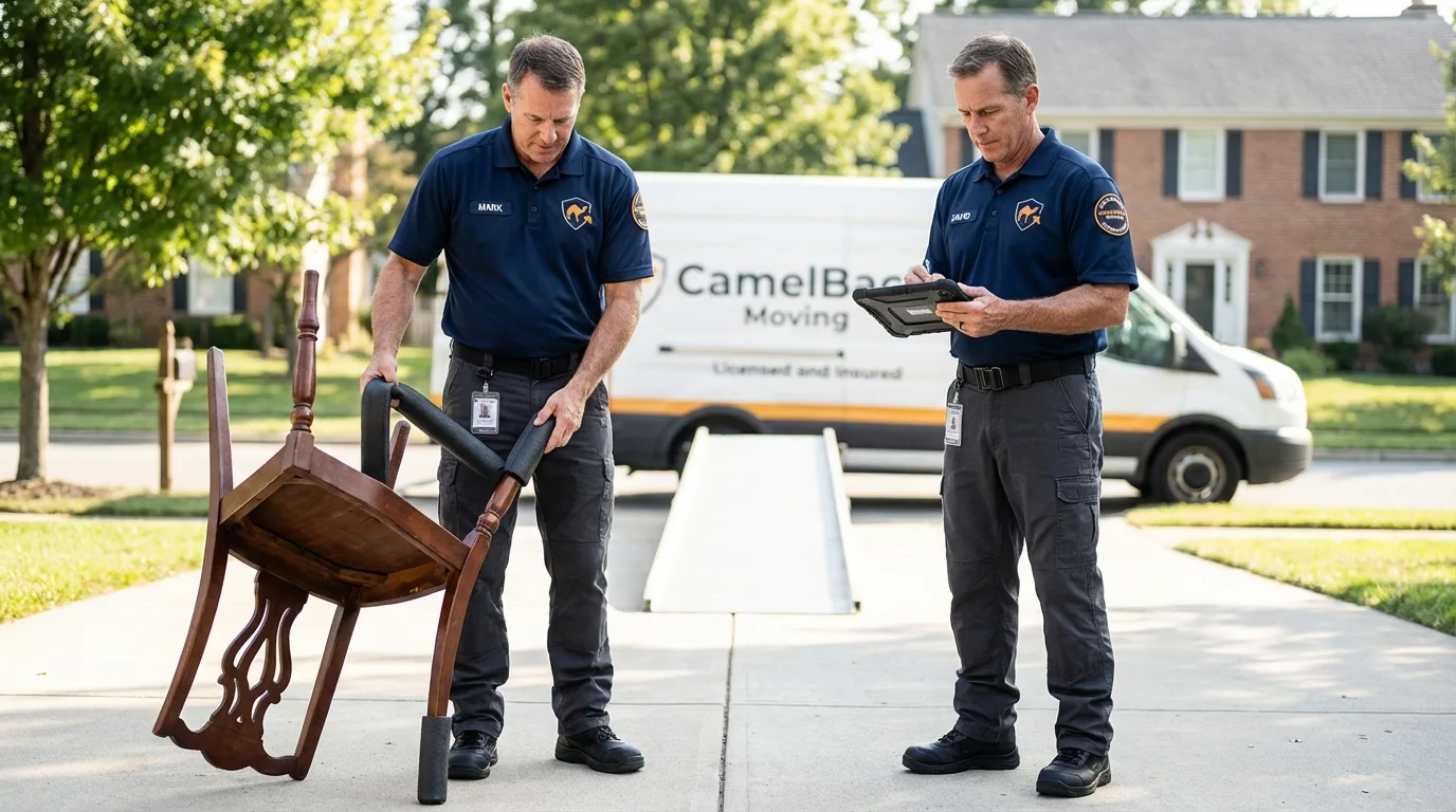 Movers inspecting furniture for damage prevention before loading in Newberg, OR