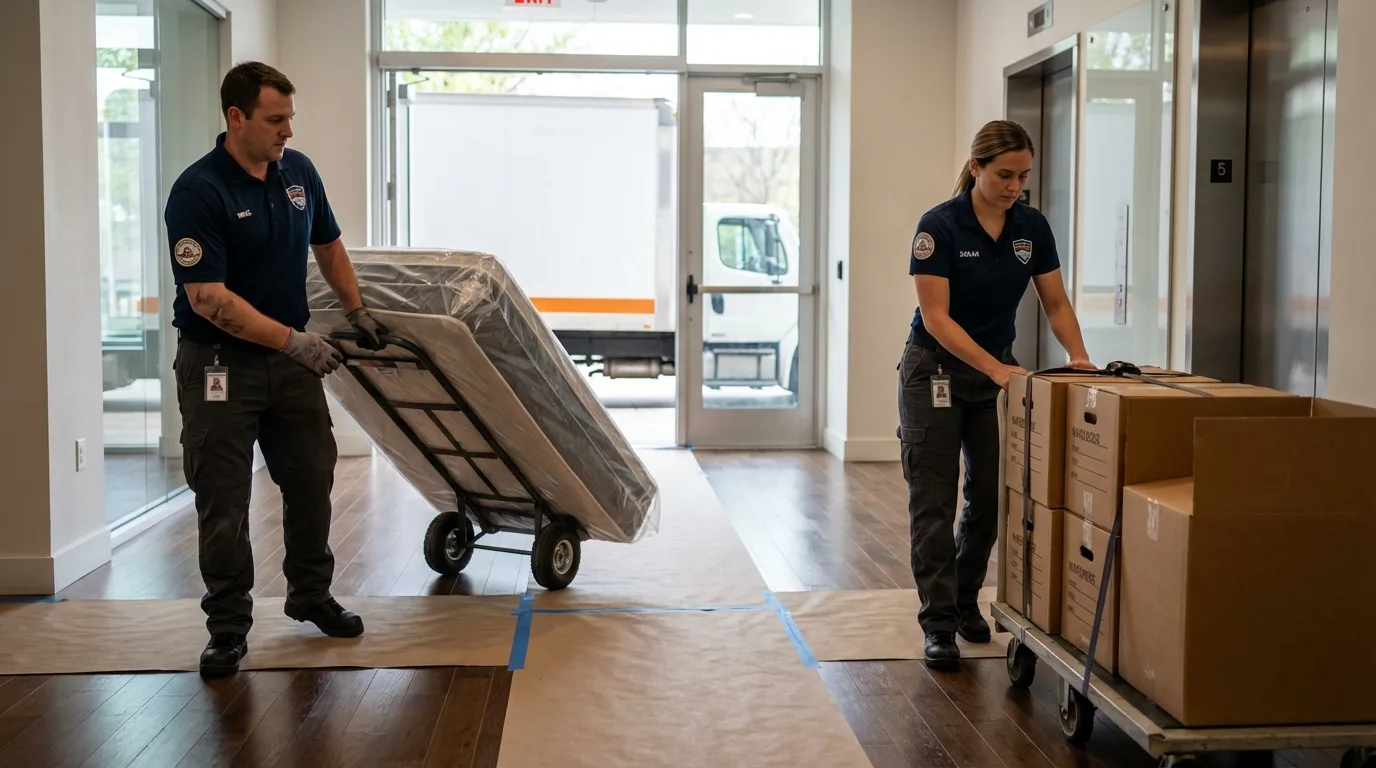 Professional apartment movers loading elevator in Newberg, OR